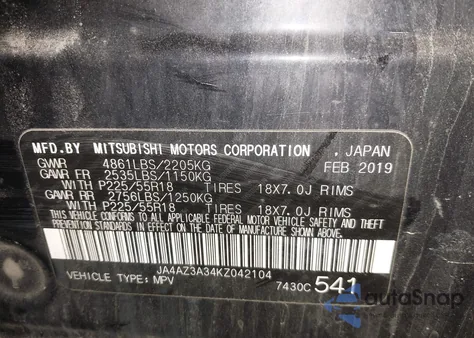 2019 Mitsubishi Outlander Se из США, поврежденный, VIN JA4AZ3A34KZ042104